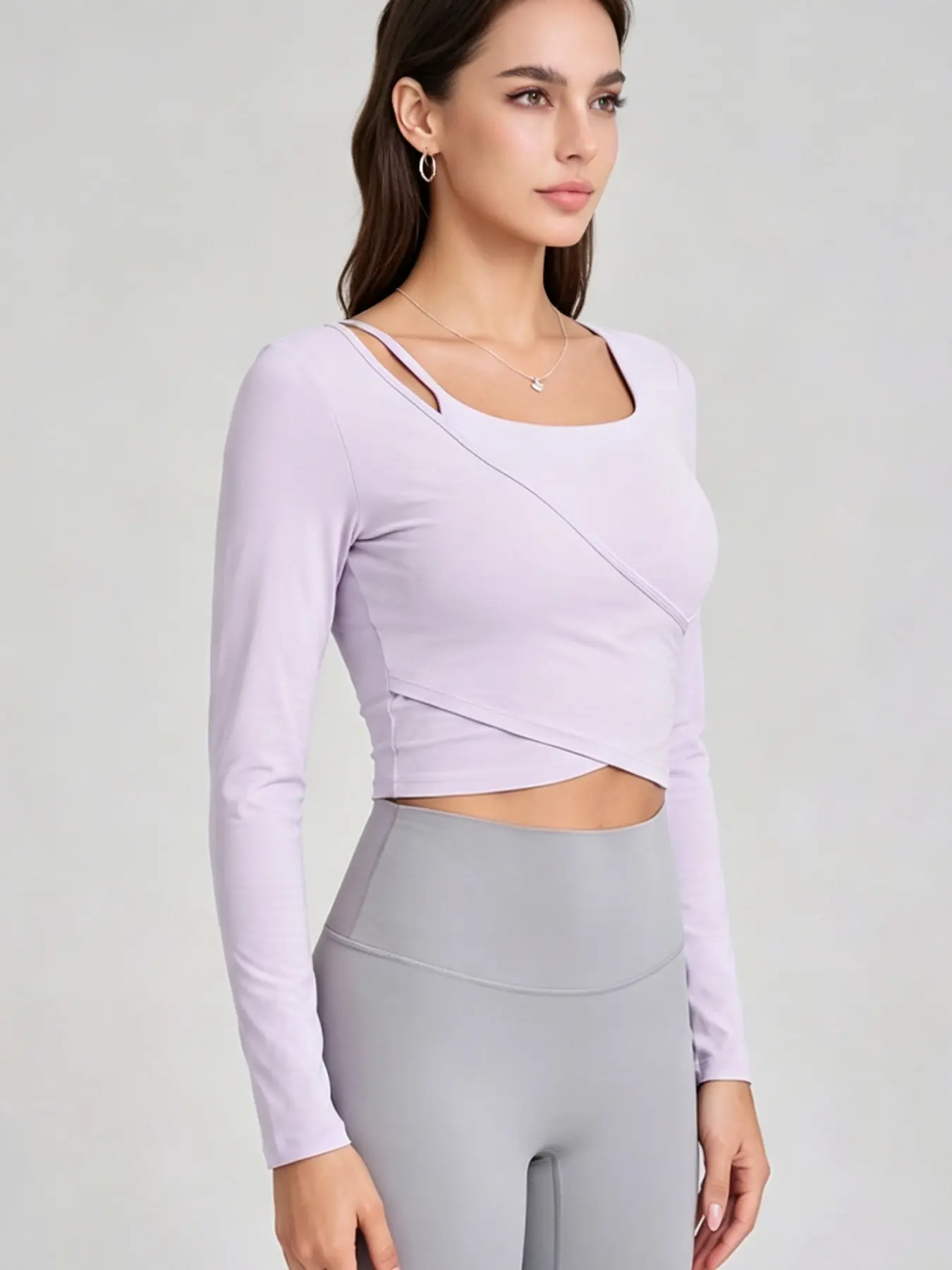 Women's Long Sleeve Wrap Workout Top, Square Neck Cropped Yoga Shirt for Gym, Pilates and Fitness Training