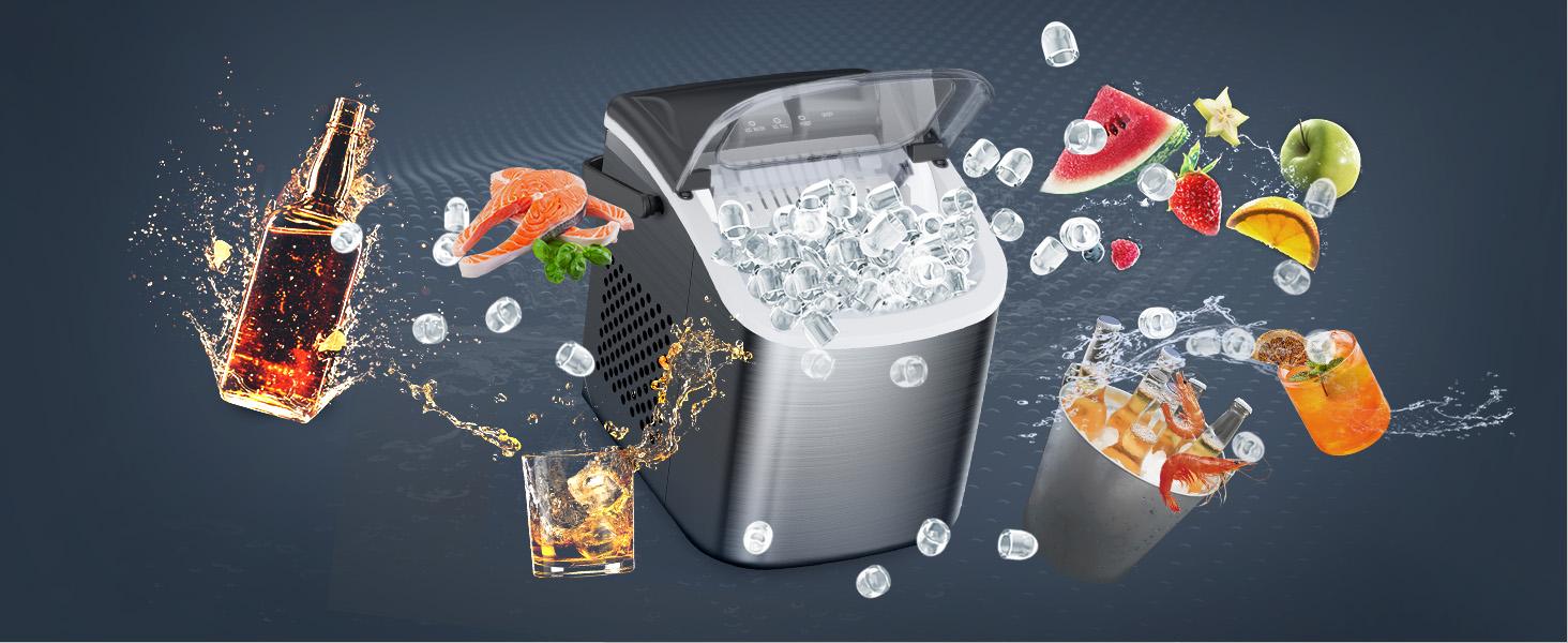 ICE Maker Countertop, Stainless Steel Portable Ice Maker Machine with Self-Cleaning, 26.5lbs/24Hrs, 6 Mins/9 Pcs Bullet Ice, Perfectly for Home Use
