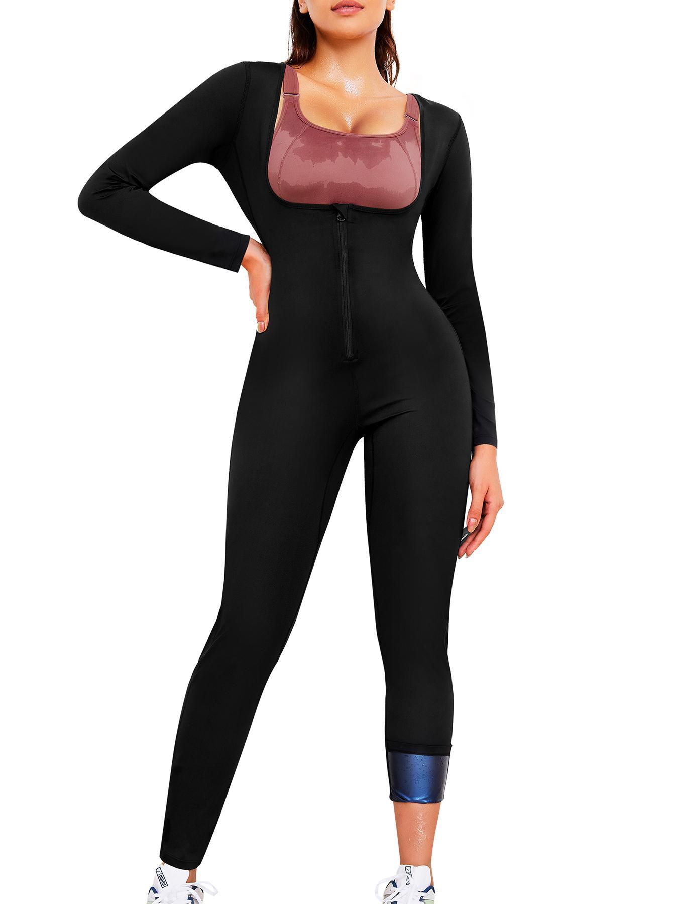 Women's Solid Zip Up Sauna Sports Jumpsuit, Sporty Long Sleeve Square Neck Jumpsuit for Yoga Gym Workout, Ladies Sportswear Stretchable Activewear for All Seasons, Gym Workout Clothes