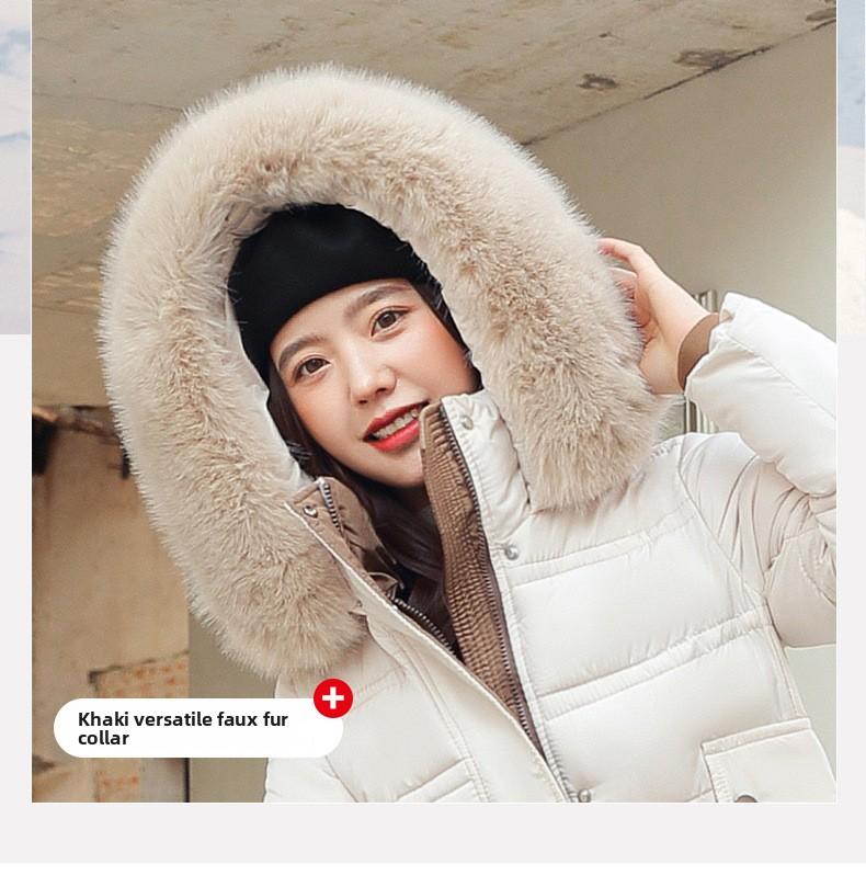New winter women's thickened long over-the-knee hooded cotton-padded coat with large fur collar.