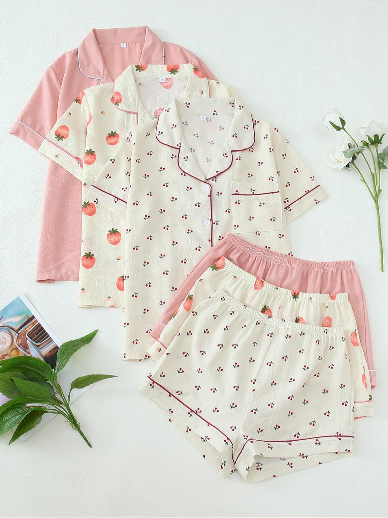 Women's Heart/All Over Fruit Print Contrast Binding Pyjama Set, Short-Sleeve Lapel Neck Button Up Top & Elastic Waist Shorts PJ Set, Casual Comfy Loungewear Set for Women, Nightwear Pajamas