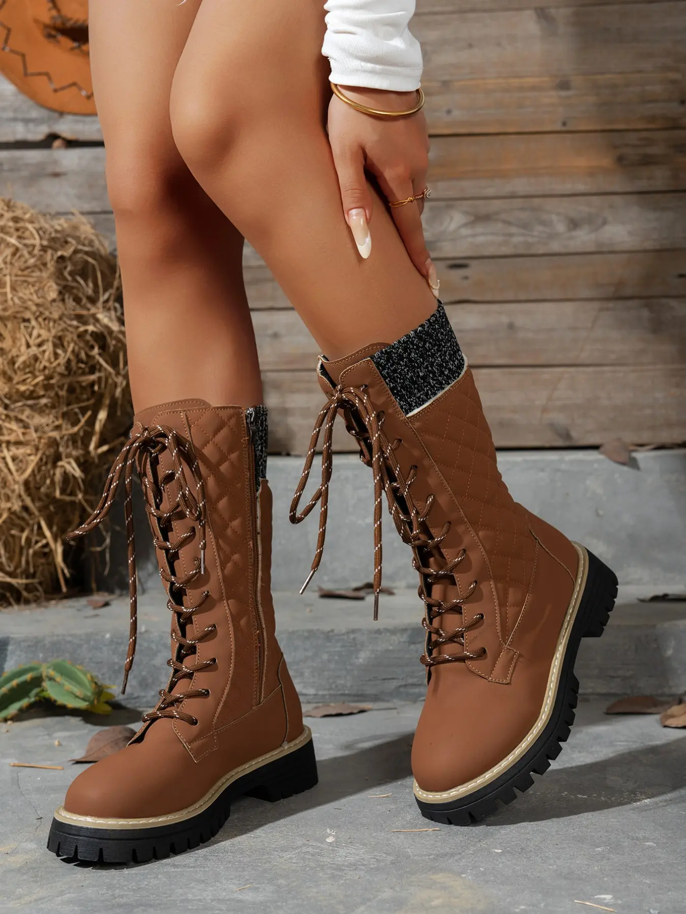 New Multi-Color Patchwork Quilted Faux Fur Edge Mid-Calf Motorcycle Boots, Front Thick Rope Laces Side Zipper, Fall & Winter Casual Shoes