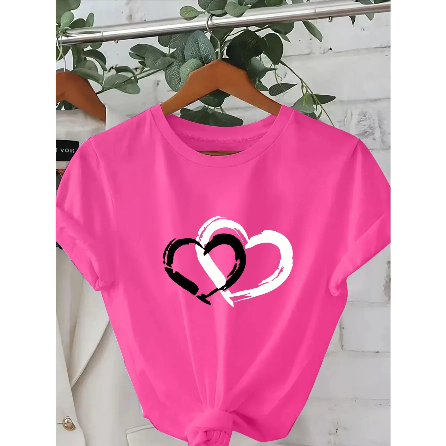 Women's Polyester Short Sleeve Casual T-Shirt - Round Neck, Loose Cut, White & Grey Base with Black Geometric Heart Print, Machine Washable All-Season Sports Clothes, Ideal for Outings & Gifting (European Sizing Compatible)