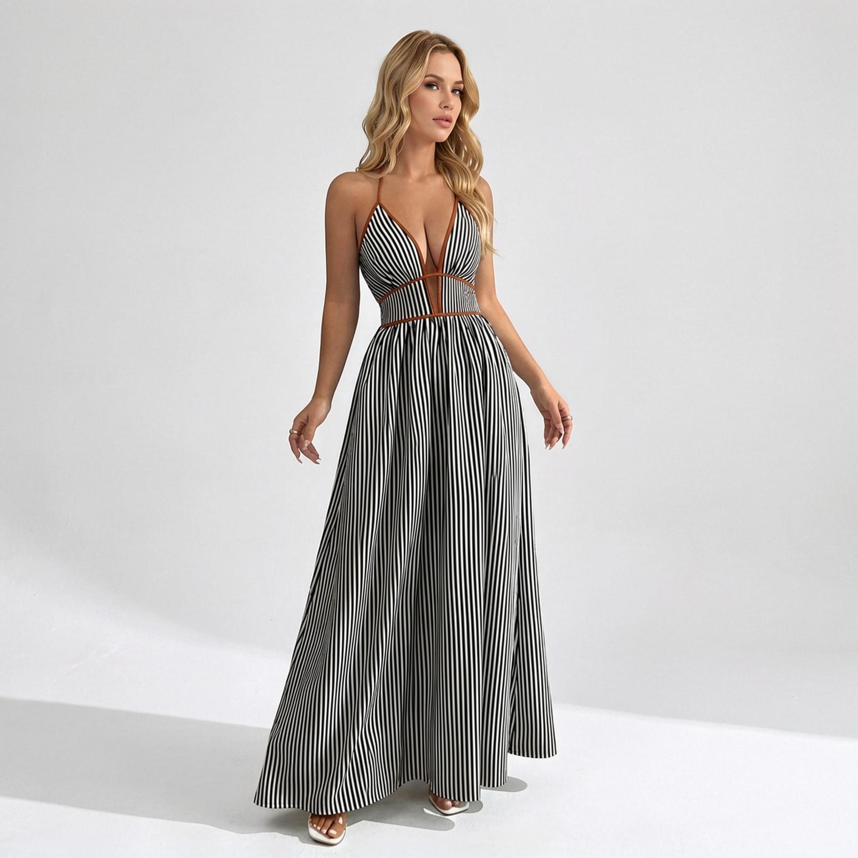 Katch Me Chic Women's Elegant Pinstripe Deep V Neckline Adjustable Halter Maxi Dress,  Summer Lightweight Dresses for Beach Holiday, Comfort Women's Clothing Vneck