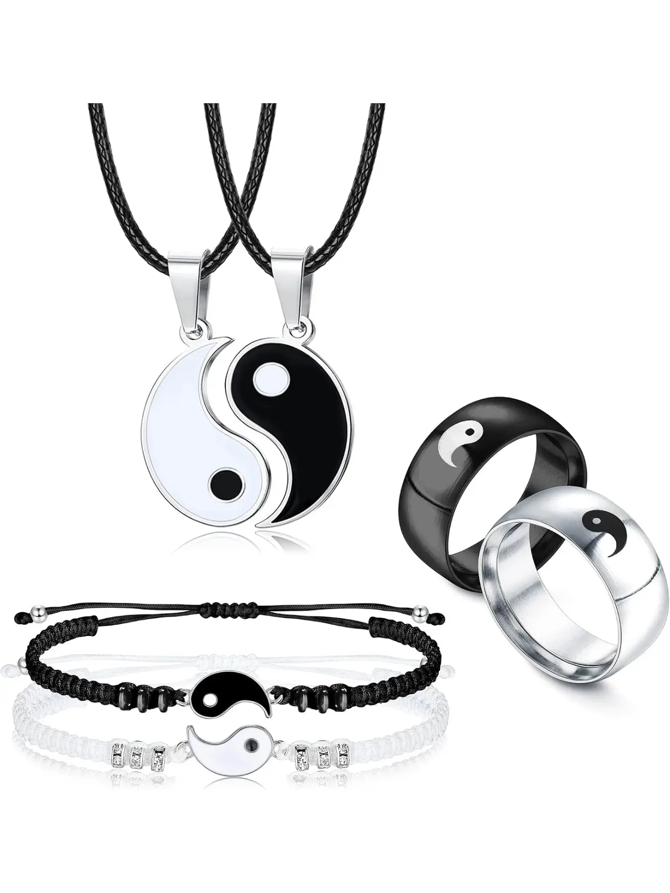 6 Pieces Matching Yin Yang Necklace Bracelets Rings Set Couple Necklace Bracelet Rings for Him and Her Matching Yin Yang Necklace Boyfriend Girlfriend Friendship Valentine's Day Jewelry GiftBoyfriend Girlfriend Friendship Valentine's Day Jewelry Gift
