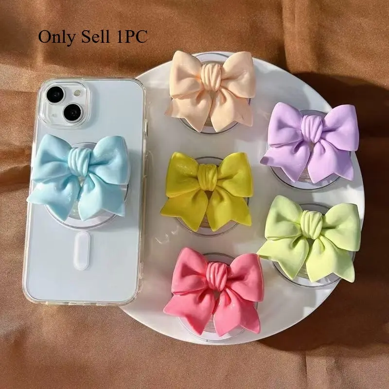 INS Candy Color Bow For Magsafe Phone Magnetic Cellphone Mount Griptok Grip Tok Stand For iPhone Funny Foldable Wireless Charging Case Holder Magnetic Phone Holders Cellphone Accessories