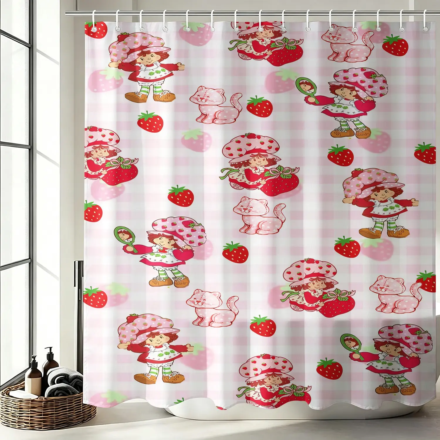 Cute Strawberry Cartoon Shower Curtain, Digital Print Waterproof Shower Curtain, Easy Install Hooks Included, Aesthetic Cartoon‑Themed Bathroom Decor, Machine Washable