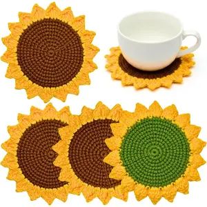Sunflower Gifts for Women – Handmade Crochet Drink Coasters, Set of 4 Flower Cup Mats with Double-Layer Thick Design for Hot & Cold Beverages, Tabletop Protection