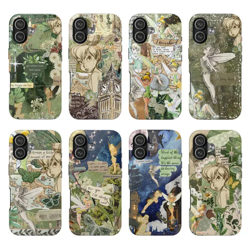 Tinkerbell Phone Case Vintage Cottagecore Fairy Case, Retro Peter Pan Scrapbook Collage Tough Phone Coverfor iPhone17 ProMax /16/15/14/13/12/11 Plus for Samsung phones, suitable for both men and women,