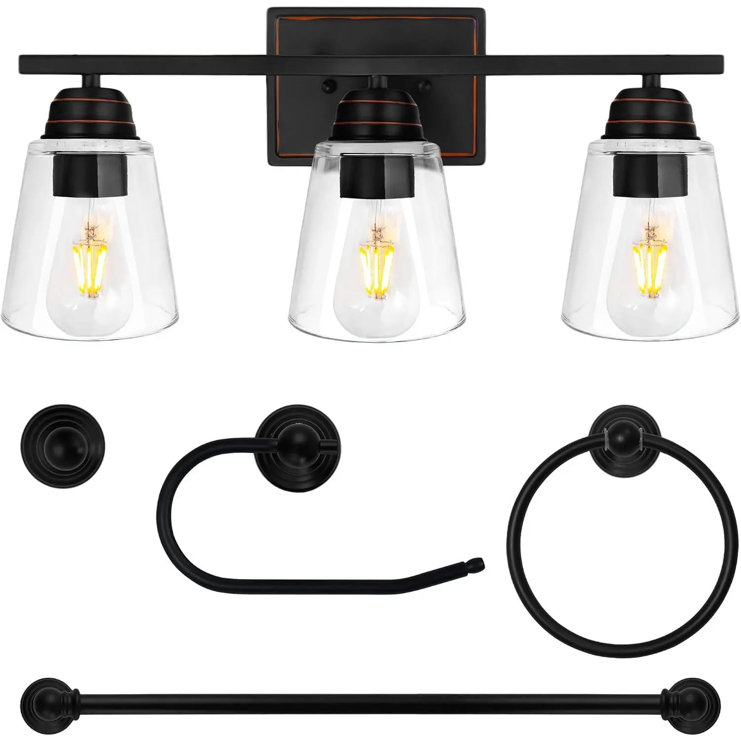 3-Light Bathroom  Light, 5- -in- Bathroom Set | 20 Inch Modern Wall Lamp, Oil Rubbed Bronze Wall Sconce with Clear Glass Shade, Wall Lights for Bedroom, Living Room, Mirror