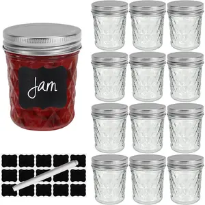 12 Pack 6 oz (200ml) Small Diamond Glass Mason Jars, Wide Mouth Canning Jars with Airtight Silver Lids, for Jam Jelly Salad Preserving Fermenting Wedding Favors, Labels & Chalk Marker Included