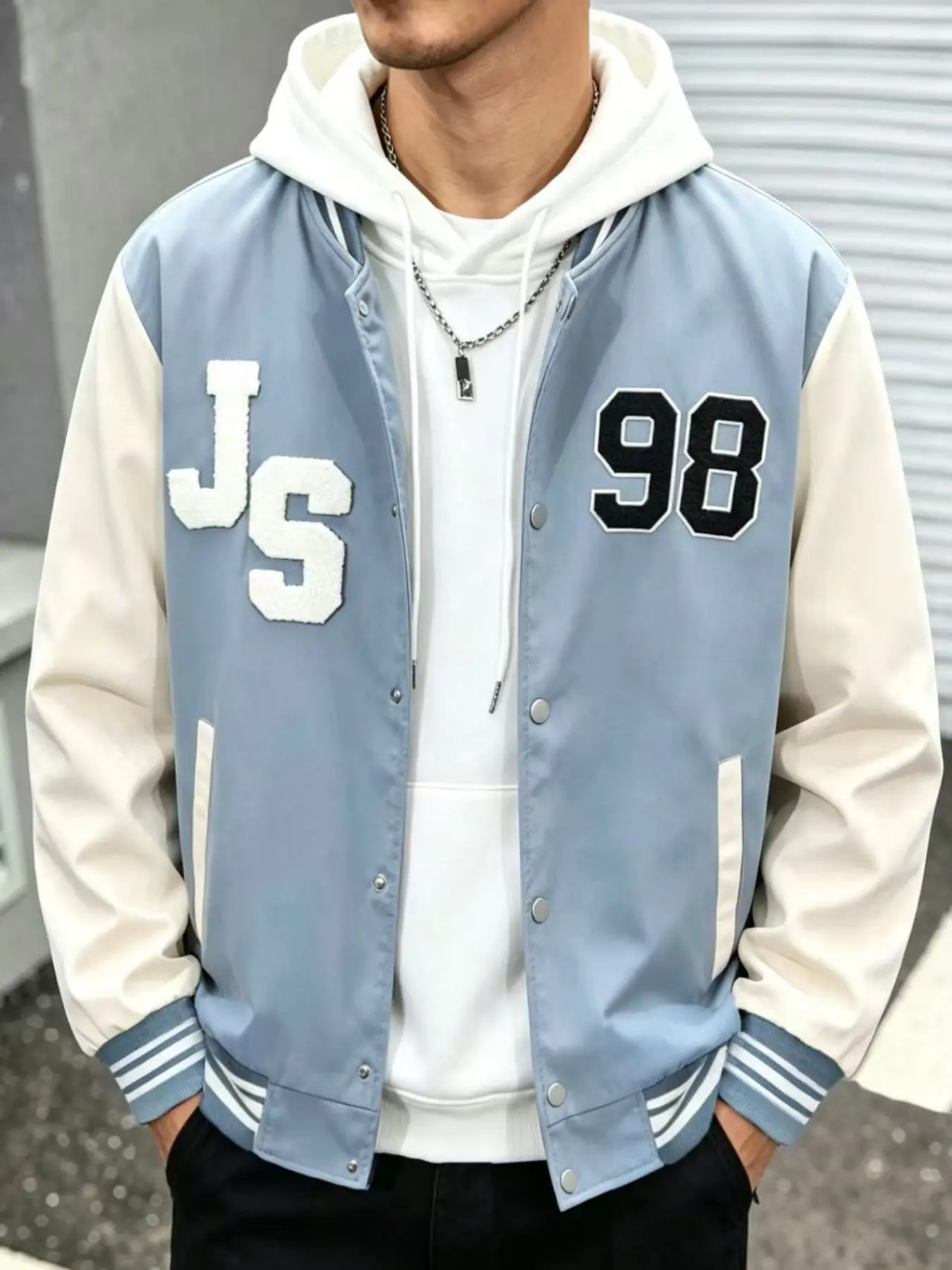 Men's Js98 Light Blue Patchwork Embroidered Baseball Jacket, Letter Number Street Style Embroidery, Ribbed Neck Sleeve Hem, Casual Outerwear