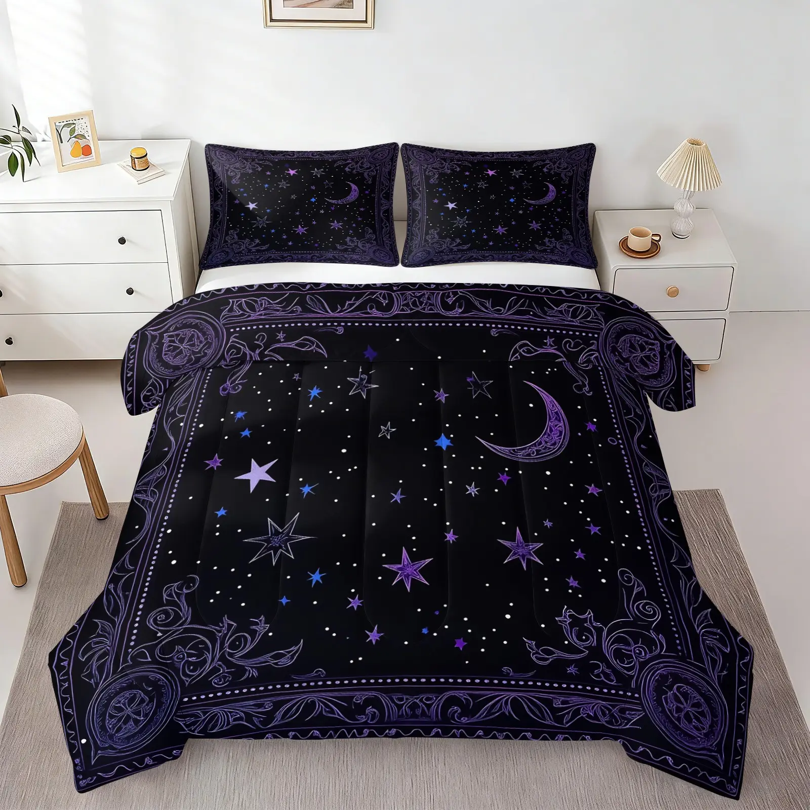 Mystical Purple Moon & Star Comforter Set, Duvet Set, Polyester Bed Set, Soft Breathable Gothic Night Sky Bedding Set, 1 Quilt & 1/2 Pillowcase No Pillow Insert, Comfy for Adults Bedroom, Dorm & Guest Room, Witchy Decor, Theme Bedding Set