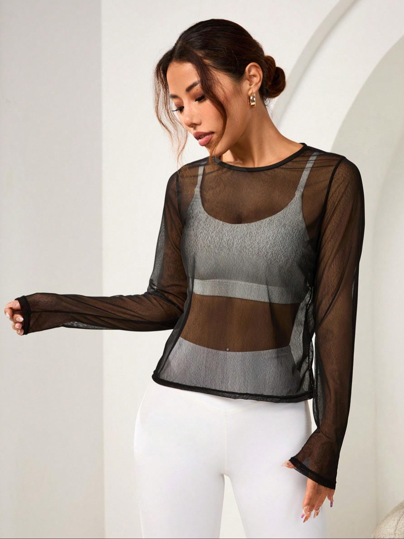 Women's Solid Sheer Round Neck Mesh Sports Tee without Bra, Long Sleeve Crew Neck T-shirt for Daily Outdoor Wear, Ladies Sportswear for All Seasons, Soft Polyester Top