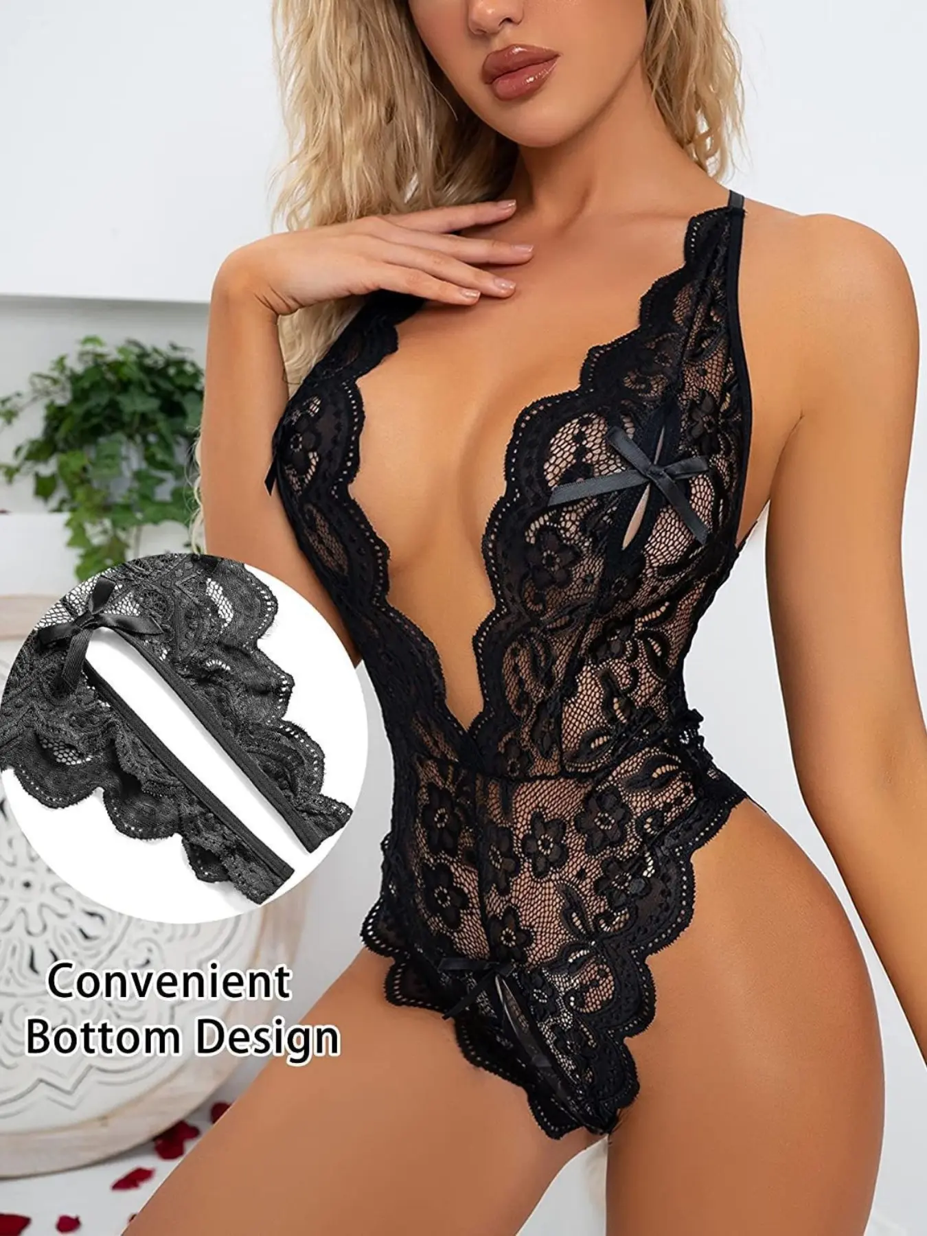 Women's Sexy Lace One-Piece Pajamas, Spliced Lace Design, Open Crotch & Cross Shoulder Straps, Romantic Breathable Bow Decor