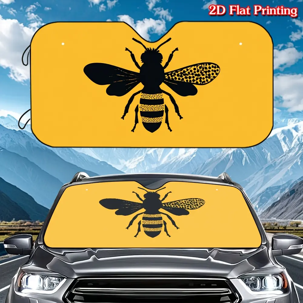 1pc 2D Flat Printing Black Bee Silhouette on Yellow Front Windshield Sunshade, Practical Windshield Sun Visor for Summer Heat, Car Interior Decoration Accessory for Outdoor Parking,Fit Auto Sunshade to Reduce Sunlight and Keep Vehicle Cool, 2D Flat