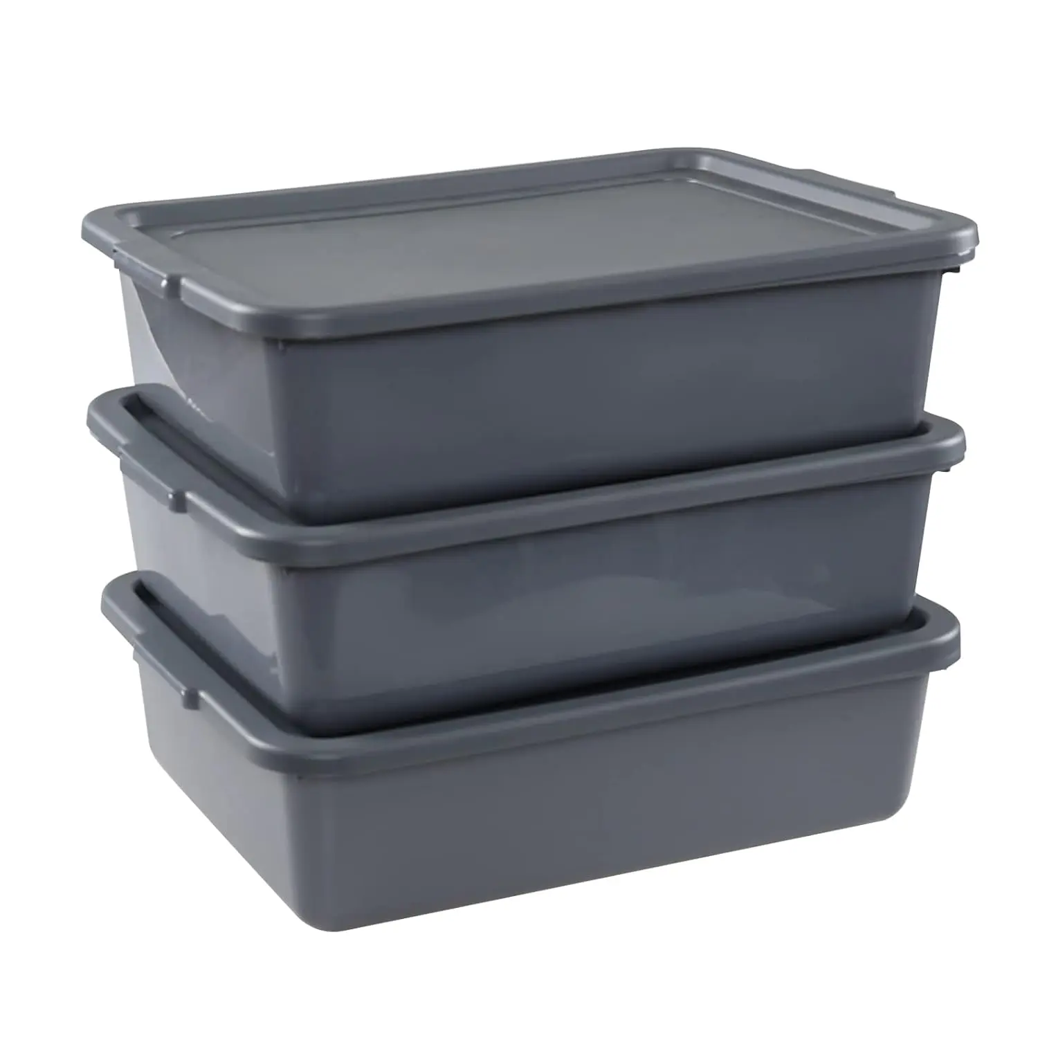 Commercial Grade 3-Pack 13 L Plastic Tote Box with Lid - Easily Cleaned Bus Tubs for Pet Supplies, Gray