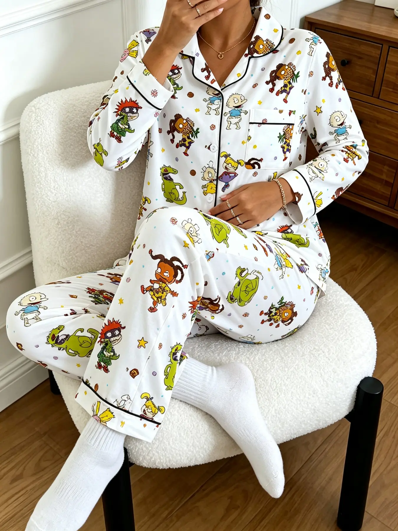 Women's Cartoon Print Pajama Set, Two-Piece Long Sleeve Top and Pants, Soft Comfortable Sleepwear, Perfect Gift for Her