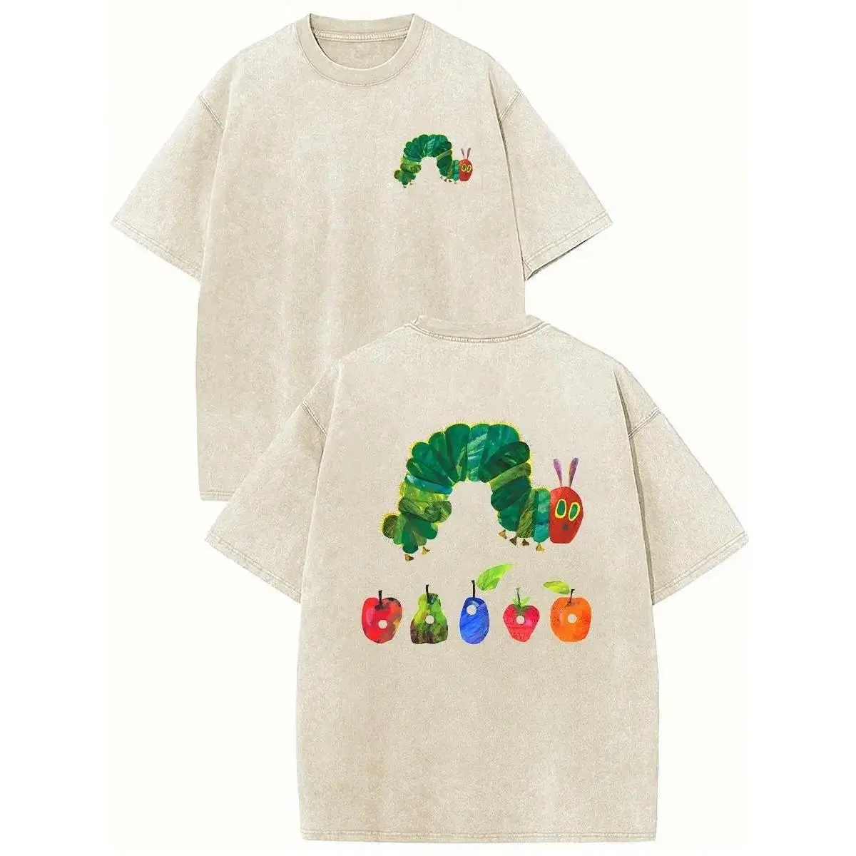 Unisex Vintage Acid Wash Oversized T Shirt for Women Men, Front Back Print Hungry Caterpillar Colorful Fruit Retro Graphic Short Sleeve Tee, Whimsical Kidcore Teacher Book Lover Stone Washed Cotton Top