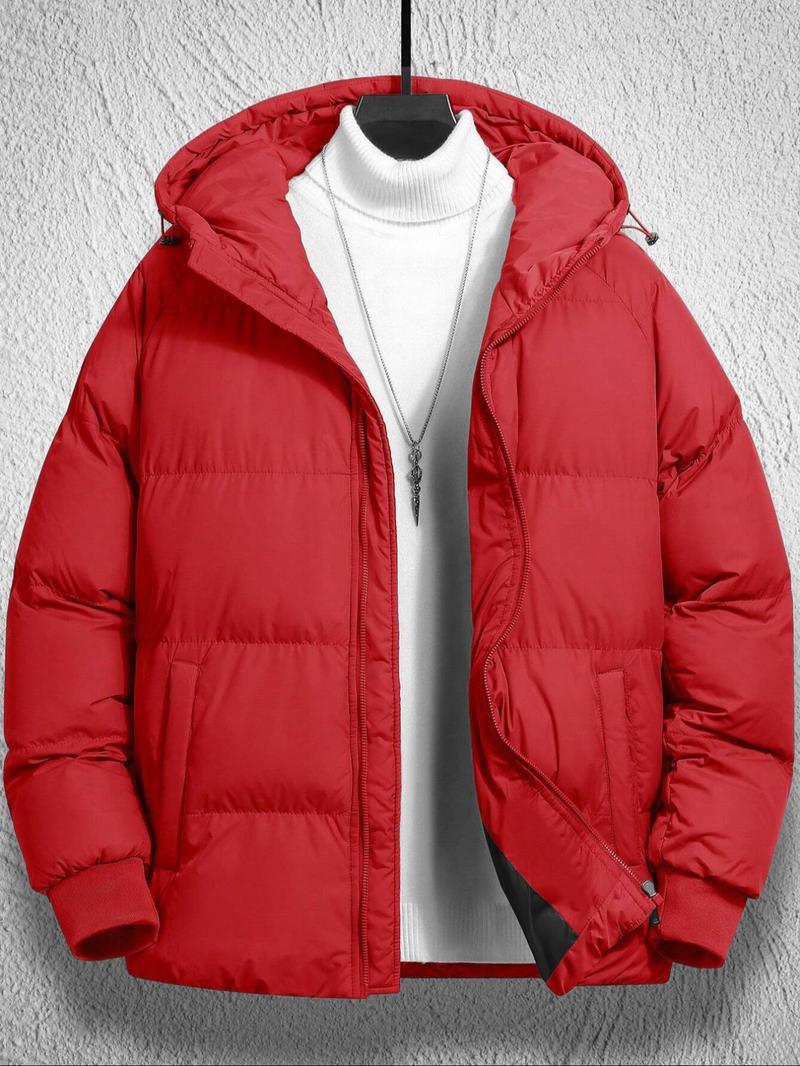 Men's Plain Pocket Zip Up Thick Warm Hooded Puffer Coat, Regular Fit Long Sleeve Padded Winter Coat, Menswear, Cold Weather Gear, Mens Clothing, Jackets for Men, Jackets, Men's Clothing