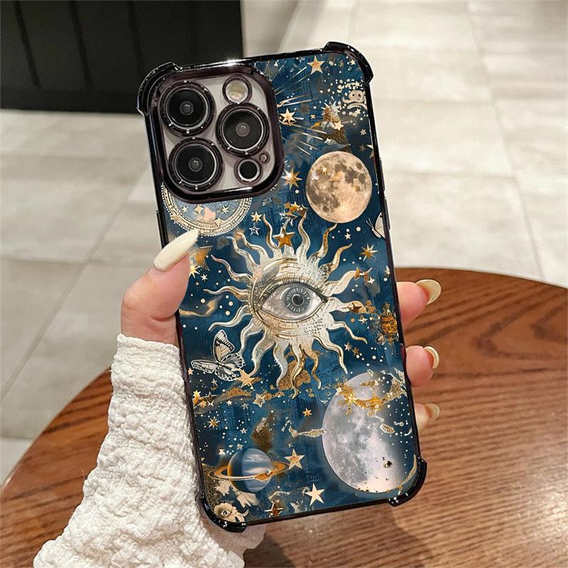 Celestial Sun and Moon themed Pattern Four Comers Air Cushion Anti-drop phone case Suitable for iPhone 16 15 14 13 12 11 Pro Max Plus electroplated Shockproof case Screen Protector Protection Protective Cover Smartphone Casing