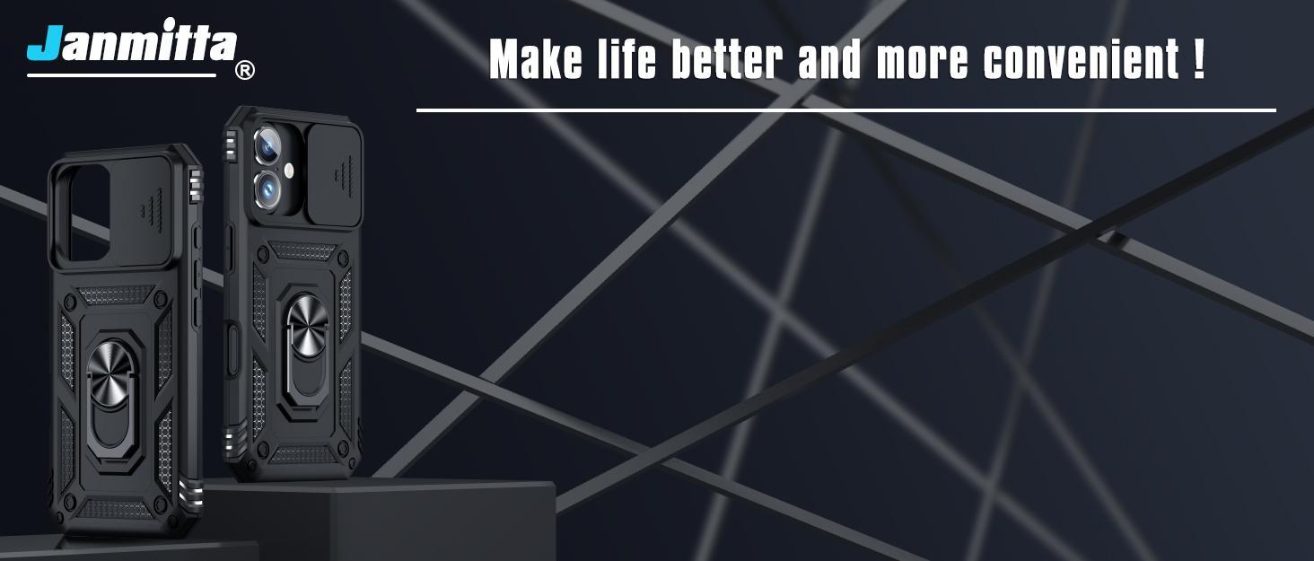 Janmitta Case for iPhone 16 Phone Cover Built in Slide Camera Lens Cover+Screen Protector,Heavy Duty Shockproof Full Body PhoneCase with Finger Ring Holder Kickstand,Rose Gold