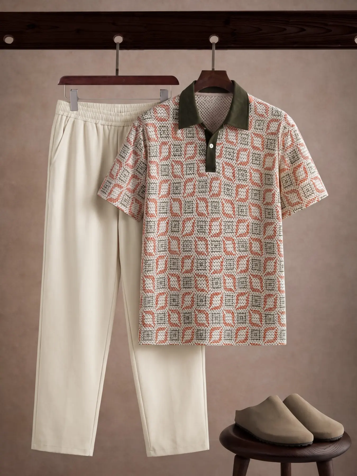 Men's Old Money Style Knit Polo Set, Breathable Mesh Short Sleeve Top with Casual Pants, High-End Summer, Ethnic Pattern, Slim Fit