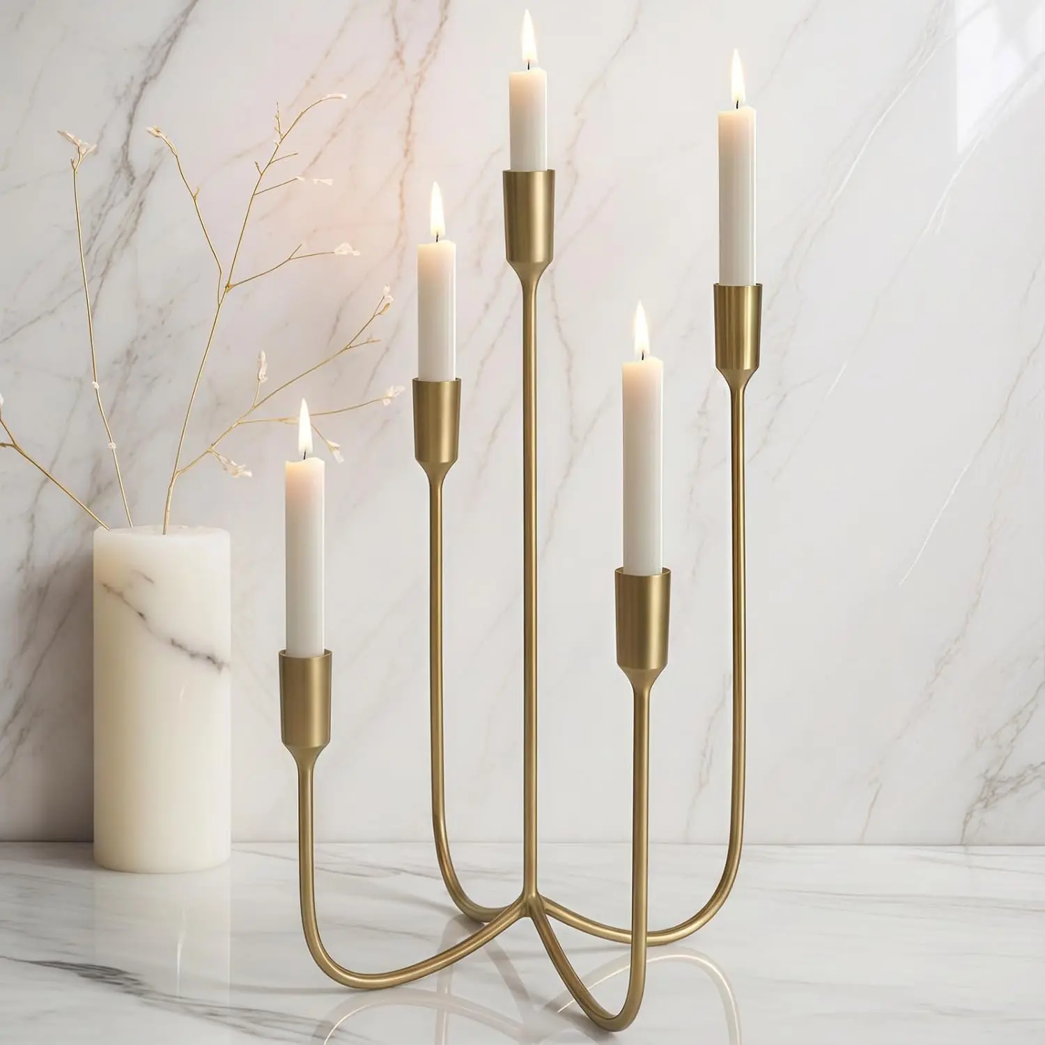 Hand-Forged Brass Straight-Arm Candelabra, 5-Taper Candle Holder with Elegant Vintage Finish, Centerpiece Decor for Dining Room Mantel, Straight Arms