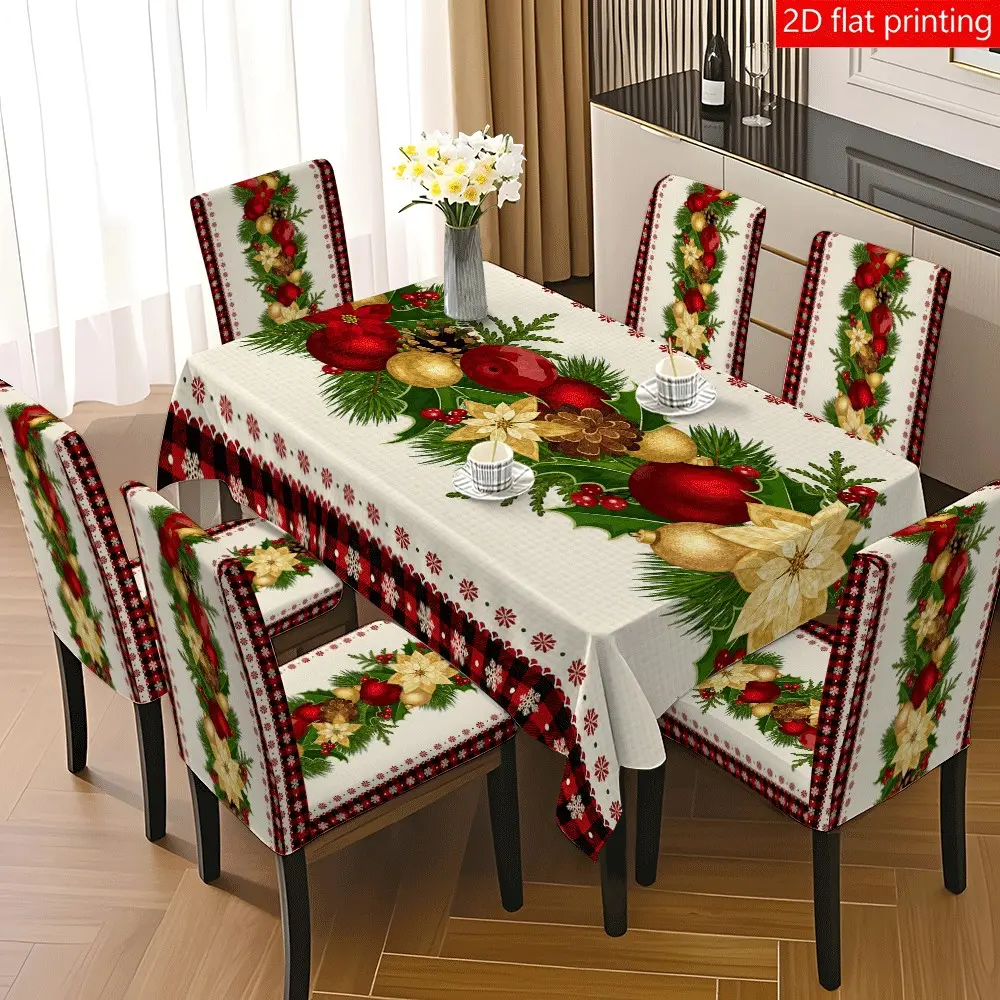 5PCS/7PCS Christmas Pinecone Crimson Tablecloth Chair Cover Set (1 tablecloth+4/6 chair covers) 140*210cm tablecloth, easy to disassemble and wash, suitable for home decoration, Home Party Decorations, camping, weddings, hotels