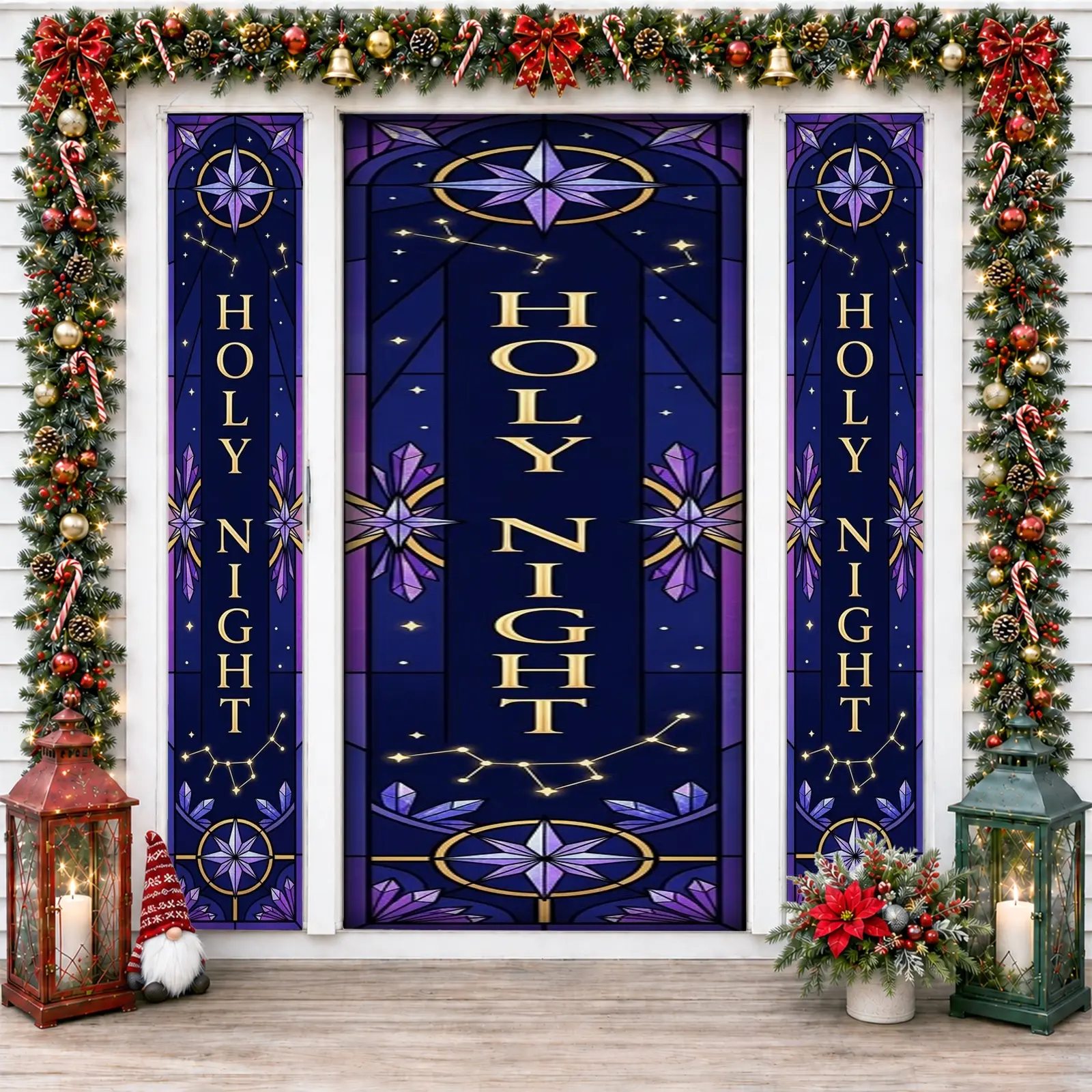 1pc/3pcs Starry Holy Night Stained Glass Door Banner with Optional Side Couplets, Traditional Christmas Style, for Front Door, Porch, Entryway & Holiday Home Decor