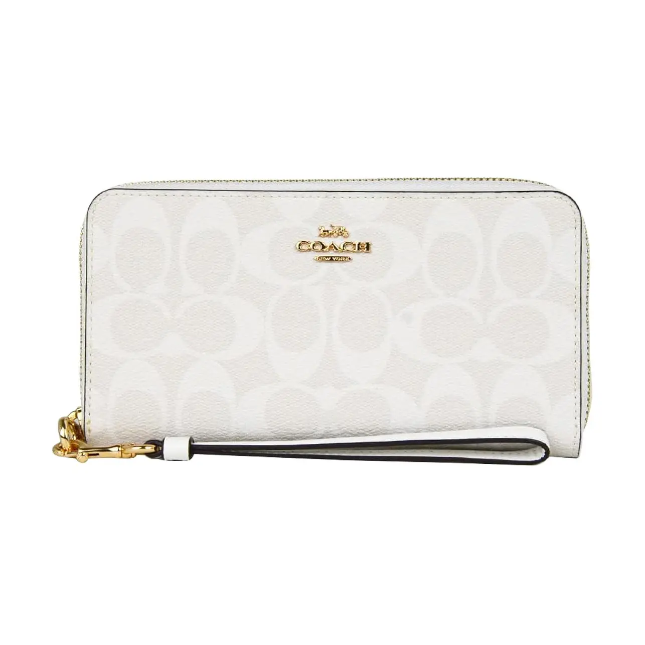 COACH Zip Around 19 Wristlet Wallet for Women – Classic Monogram Coated Canvas with Leather, Glacier White