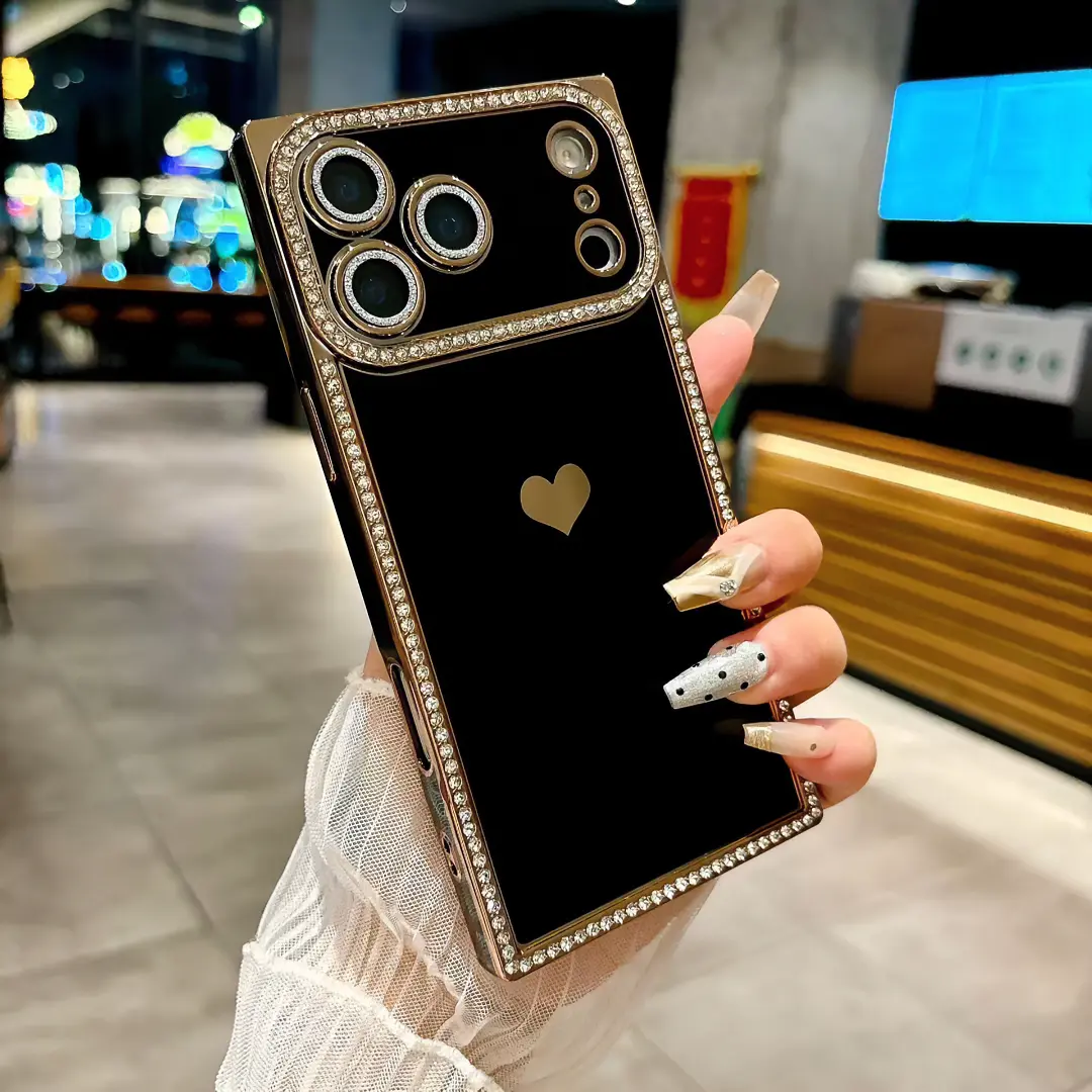 New iPhone 18 Pro Max phone case, also compatible with iPhone 15/14/15 Pro, iPhone 13. Square design, luxurious with rhinestone embellishments, electroplated heart accents, stylish and unique for women, offering drop and shock protection