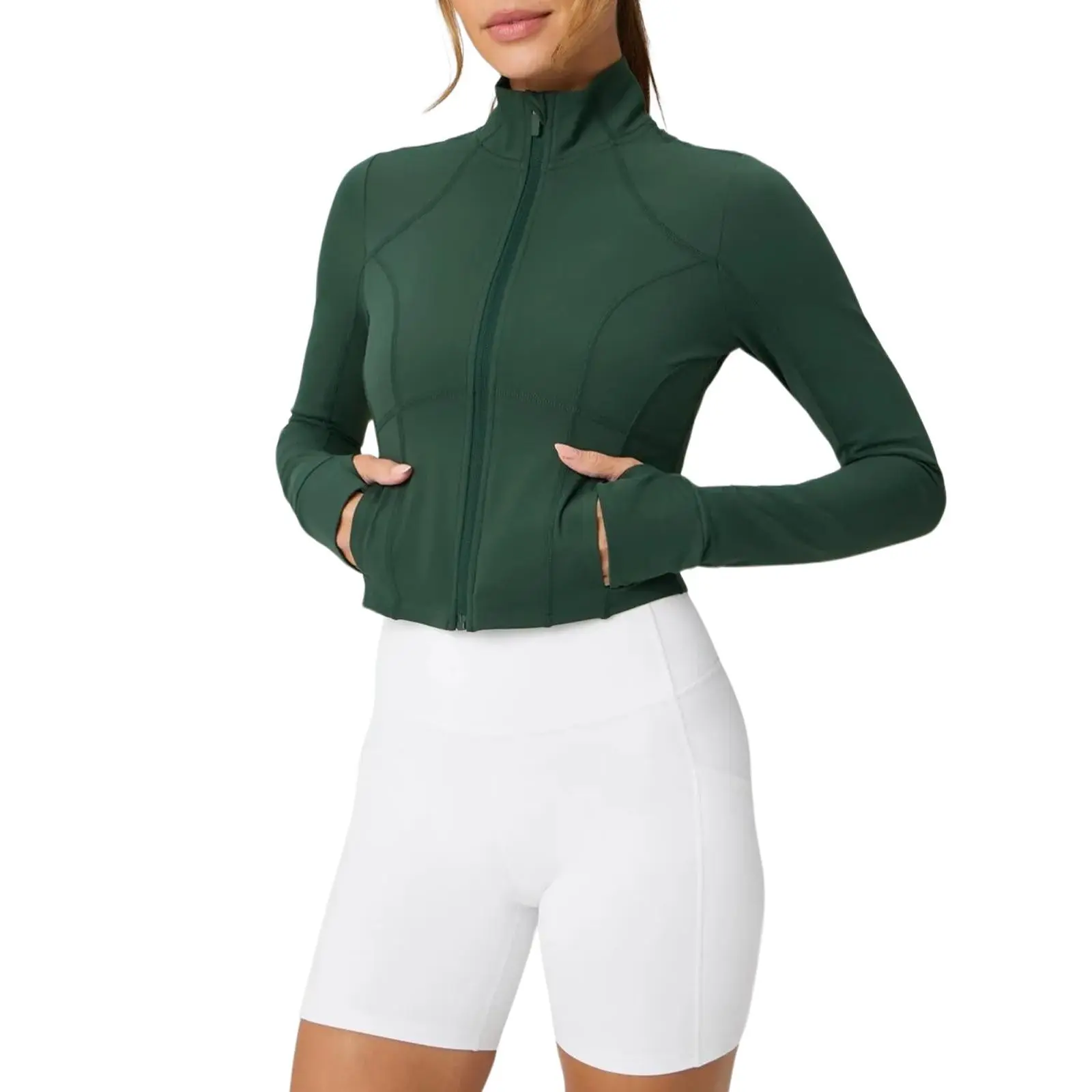 Aoysky Women's Cropped Activewear Workout Jacket - Full Zip-Up, Slim Fit, Lightweight, Thumbhole Athletic Top with Pockets for Running, Yoga, Workout Wear