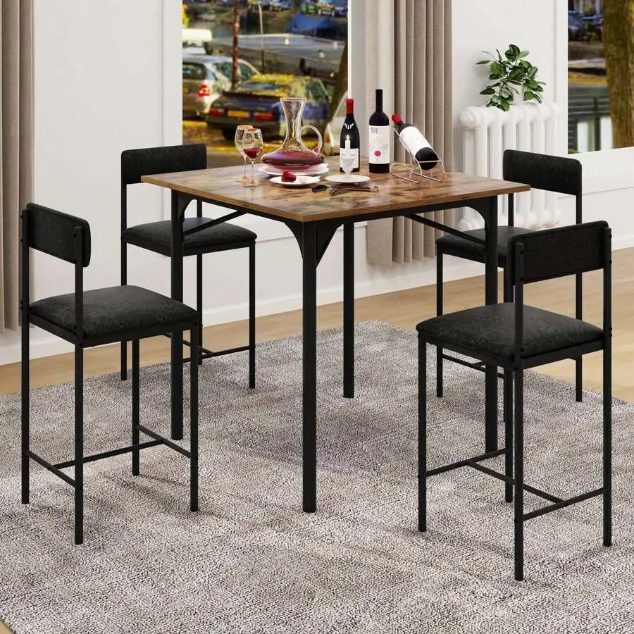 Wood 5-Piece Indoor Furniture Set - MDF Wood Square Shape Dining Table, 4 Simple Retro Armless Ergonomic Breakfast Dinette Chairs, Small Spaces/Playroom Use, 330 lbs Capacity, Halloween/Christmas Decor