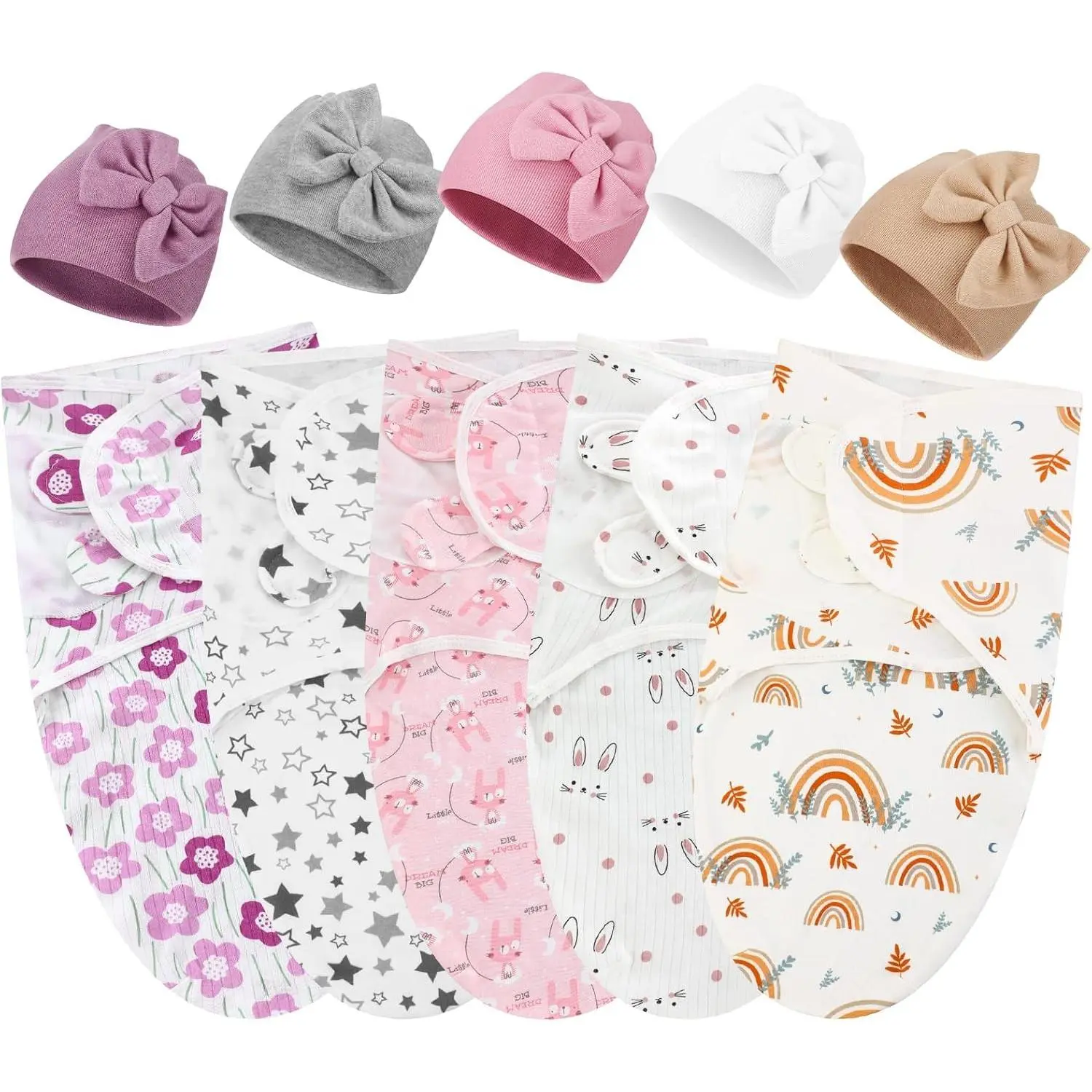 5-Pack Preemie Cotton Swaddle Blanket Wrap Set with Hat - Receiving Blankets for 3-7 Lbs Newborn Boys and Girls (Bow)(Gift)