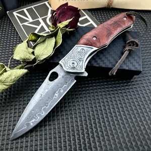 Best-Selling Damascus Pocket Folding Knife: High-Quality Rosewood Handle, Portable Pocket Outdoor Knife—EDC, Camping, Survival Gear, Survival Equipment, Adventure, and Hiking Tool—Gift or Collectible
