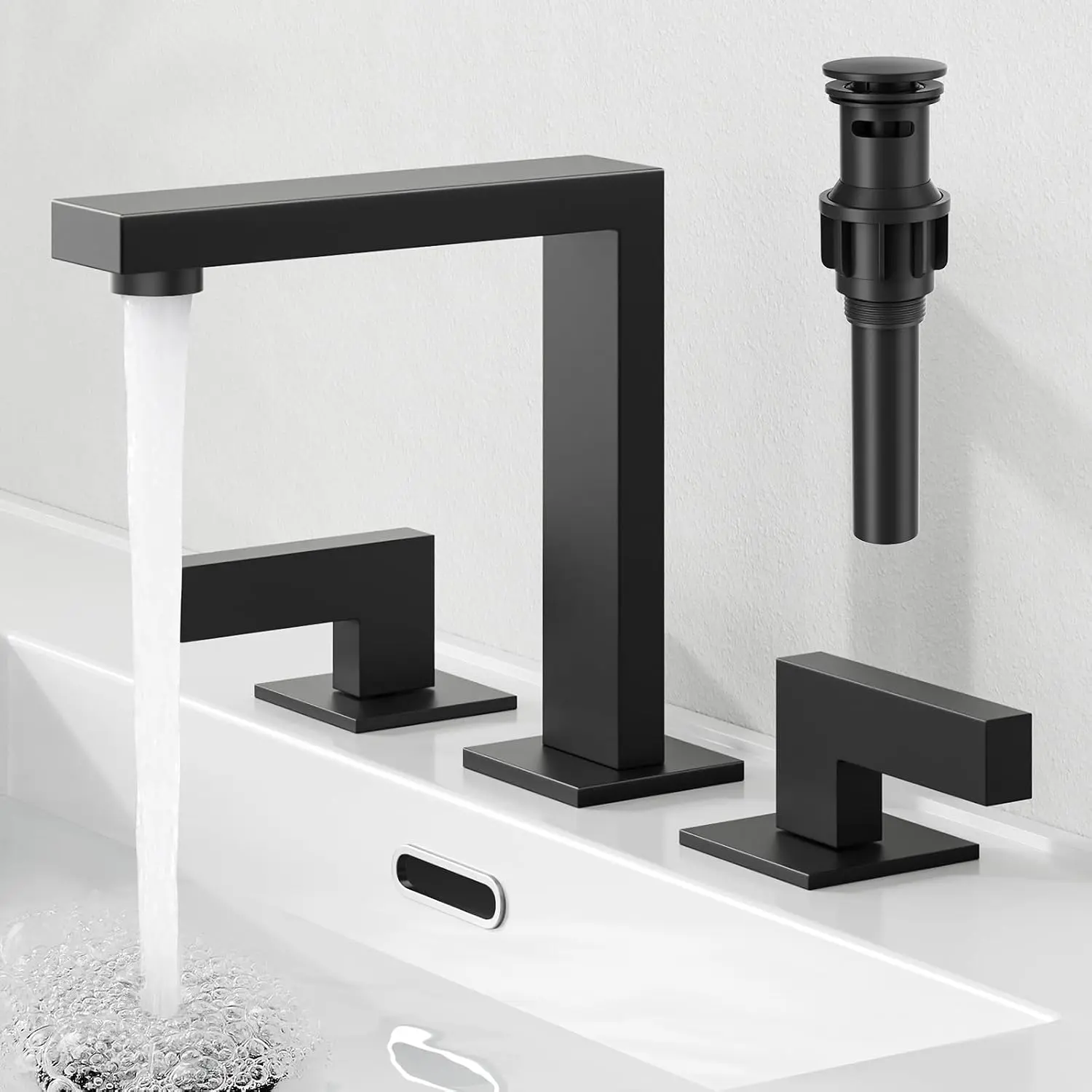 Bathroom Sink Faucets 3 Hole  Faucet with Drain, Black | 8 inch Widespread 2 Handle Lavatory Square Faucet Modern RV Bathroom Faucets Deck Mounted, Pop Up Drain, Stainless Steel