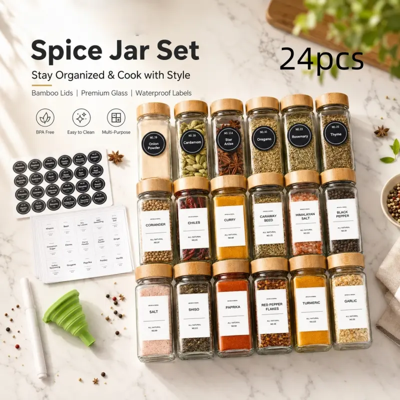 24-Piece Glass Spice Jar Set with Bamboo Lids, Spices Containers, Seasoning Containers comes with labels, funnels and cleaning brushes as a gift set. Tidy up your kitchen and enjoy the beauty of cooking.