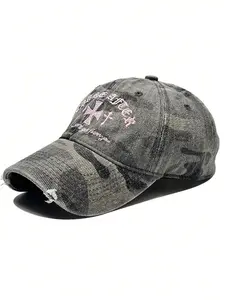 American Vintage Sweet Cool Camo Cross Stitch Women's Baseball Cap, Couple Street Fashion Full Match Camo Hat, Ripped Design Soft Top Duck Bill Hat, Hip Hop Trendy Brimmed Hat, Cool Hats, Adjustable Streetwear Hat