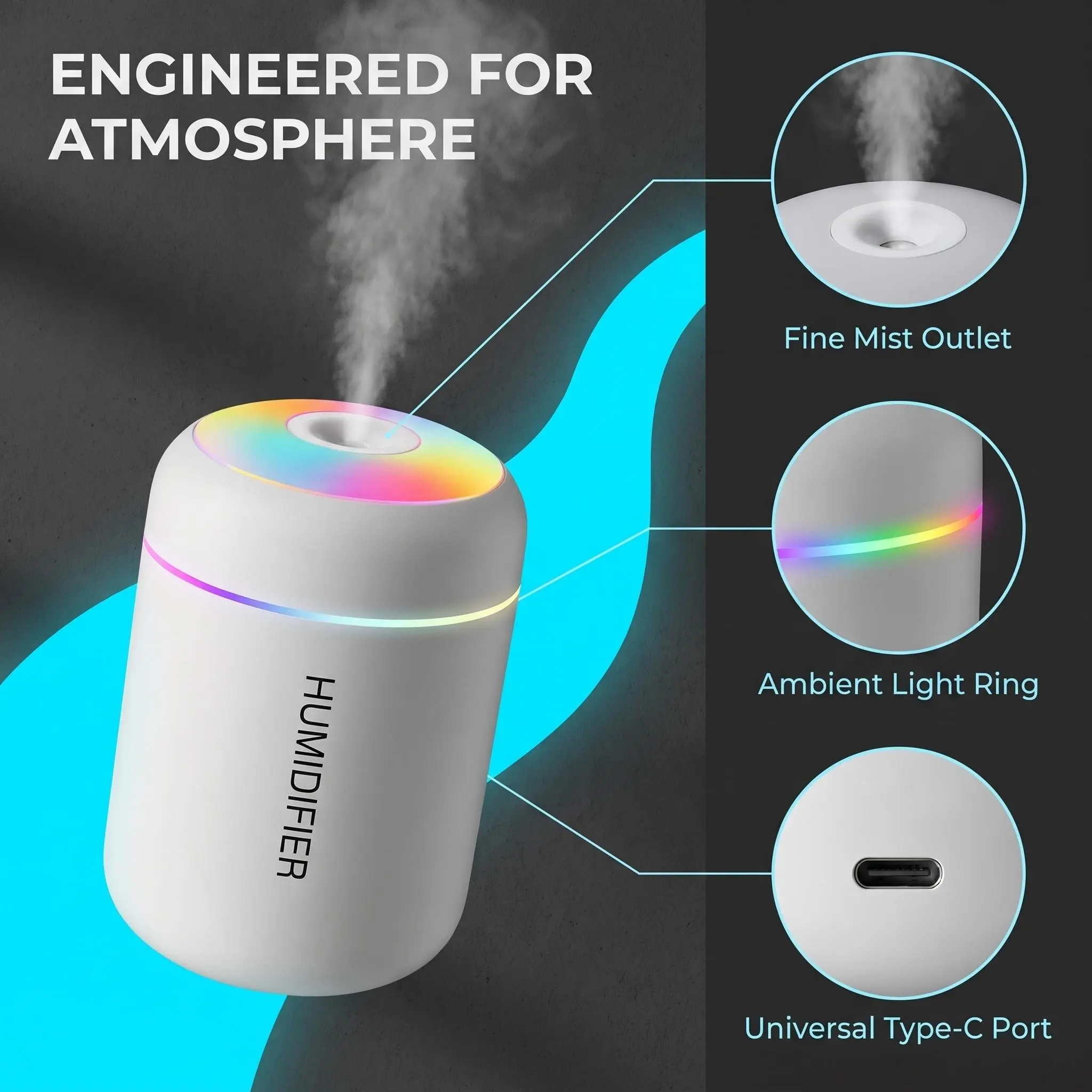 Mini Humidifier, Car Air Freshener, USB Powered, Colorful Light, Ideal for Bedroom, Home, Dormitory, No Battery Included