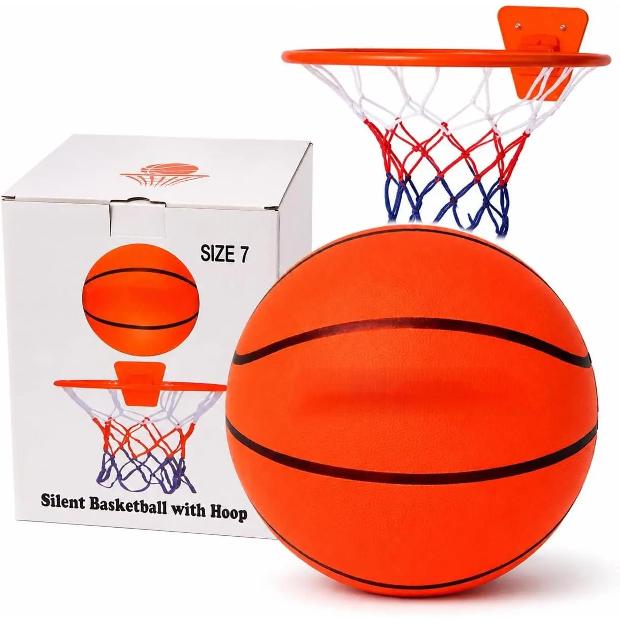 Silent Basketball  – Airless Foam Basketball for Quiet Indoor Dribbling & Training, Realistic Feel with High Bounce, Includes Wall-Mounted Indoor Basketball Hoop Set