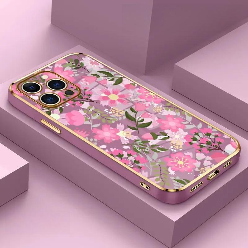 Phone Case  Floral Delight Dream Luxury Golden Edge Elecroplated TPU Camera Lens Protection Shockproof Phone Cover Gift Smartphone Casing for iPhone 17 15 Pro Max 16 14 Plus 13 12 Pro Max