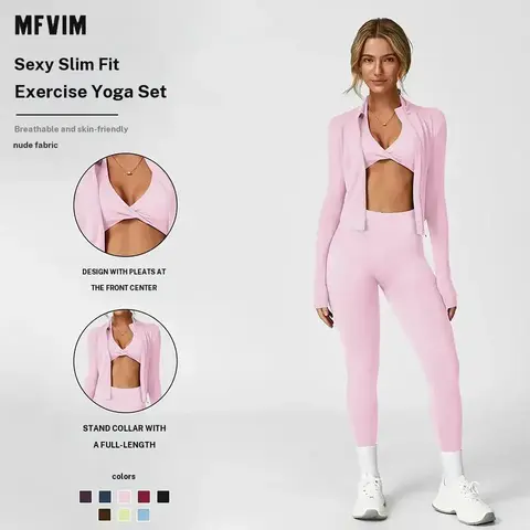 MFVIM Women's 3-Piece Workout Set for Women - Criss Cross Crop Tank Top, High Waist Slim-Fitting Yoga Pants, Zip Up Crop Jacket (78% Nylon, 22% Spandex) - Breathable, Flexible Matching Gym Outfit for Yoga, Gym, Workout Sets Women