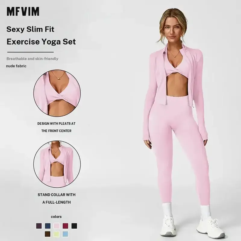 MFVIM Women's 3-Piece Workout Set for Women - Criss Cross Crop Tank Top, High Waist Slim-Fitting Yoga Pants, Zip Up Crop Jacket (78% Nylon, 22% Spandex) - Breathable, Flexible Matching Gym Outfit for Yoga, Gym, Workout Sets Women
