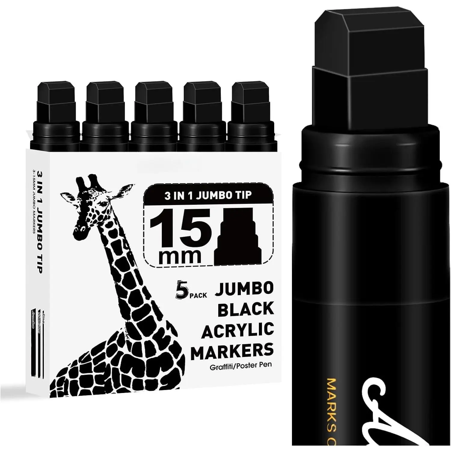 5 count Black  Poster Marker,15mm Wide Tip Thick   Pen  Markers,Black Graffiti Markers for Poster,Glass,Rock Painting,Ceramic,,Murals and Canvas