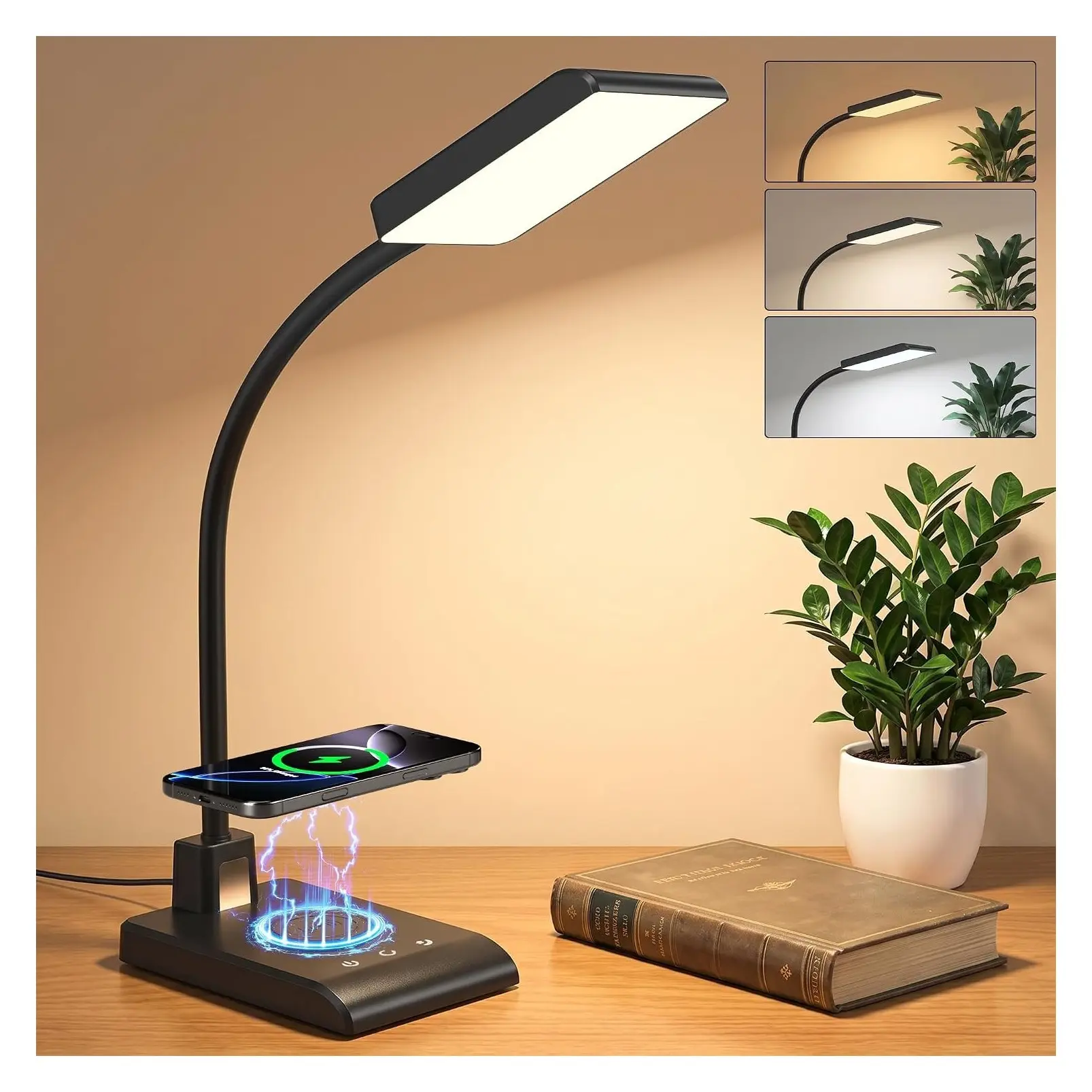 Desk Lamp with Wireless Charger and Night Light, 3 Color Modes with Stepless Dimming, CRI 90+, 1000lm, 360° Flexible Arm, Eye-Caring Study Lamp for Home Office and College Dorm RoomGift