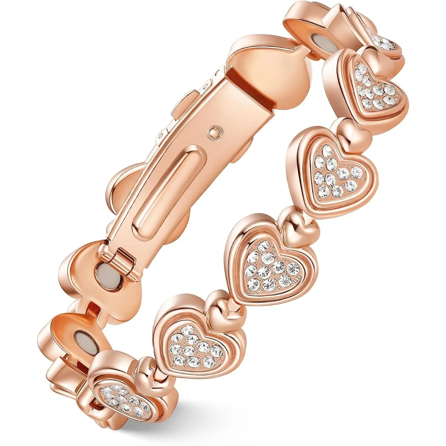 Women's Rose Gold Pure Copper Open Heart Bracelet - Ultra-Strength 3800 Gauss Magnetic Bangle with Dazzling Austrian Crystals, 7.09in(18cm) Gold Aesthetic Arm Candy Accessories for Daily Wear, Strong Magnet, Bling Effect, Crystalline