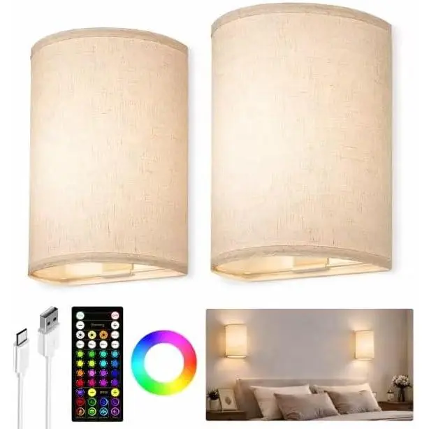 EZVALO Battery Operated Wall Sconce, Rechargeable Wall Sconces Set of Two with Remote, Peel and Stick Wireless Wall Lights, 3 Color & 80 RGB, Dimmable, Timer, Fabric Linen Wall Mount Lamp for Bedroom
