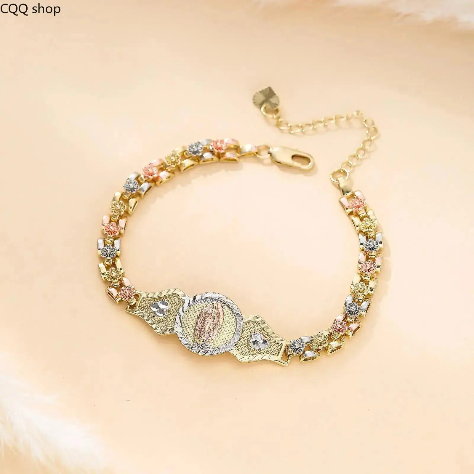 Christian Style Spiritual Jewelry for Women, Tri-Tone Floral Link Chain Featuring a Virgin Mary Charm, Adjustable Fit, Floral Charm Bracelets, Religious