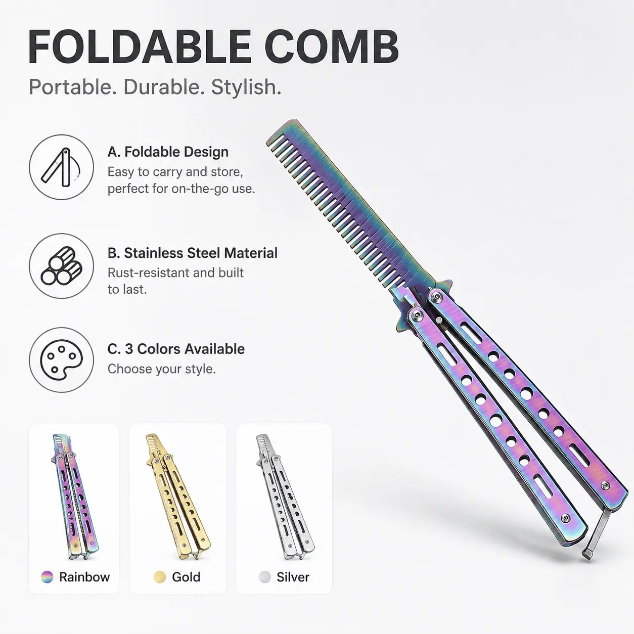 Stainless Steel Folding Anti-Static Hair Comb, Snag-Free Styling with Rounded Safety Teeth, Non-Slip, Rustproof, Durable, Portable Barber Training Kit, Hairstyling Comb